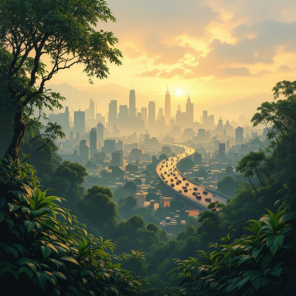 Rainforest Meets Polluted City in Matte Painting Style