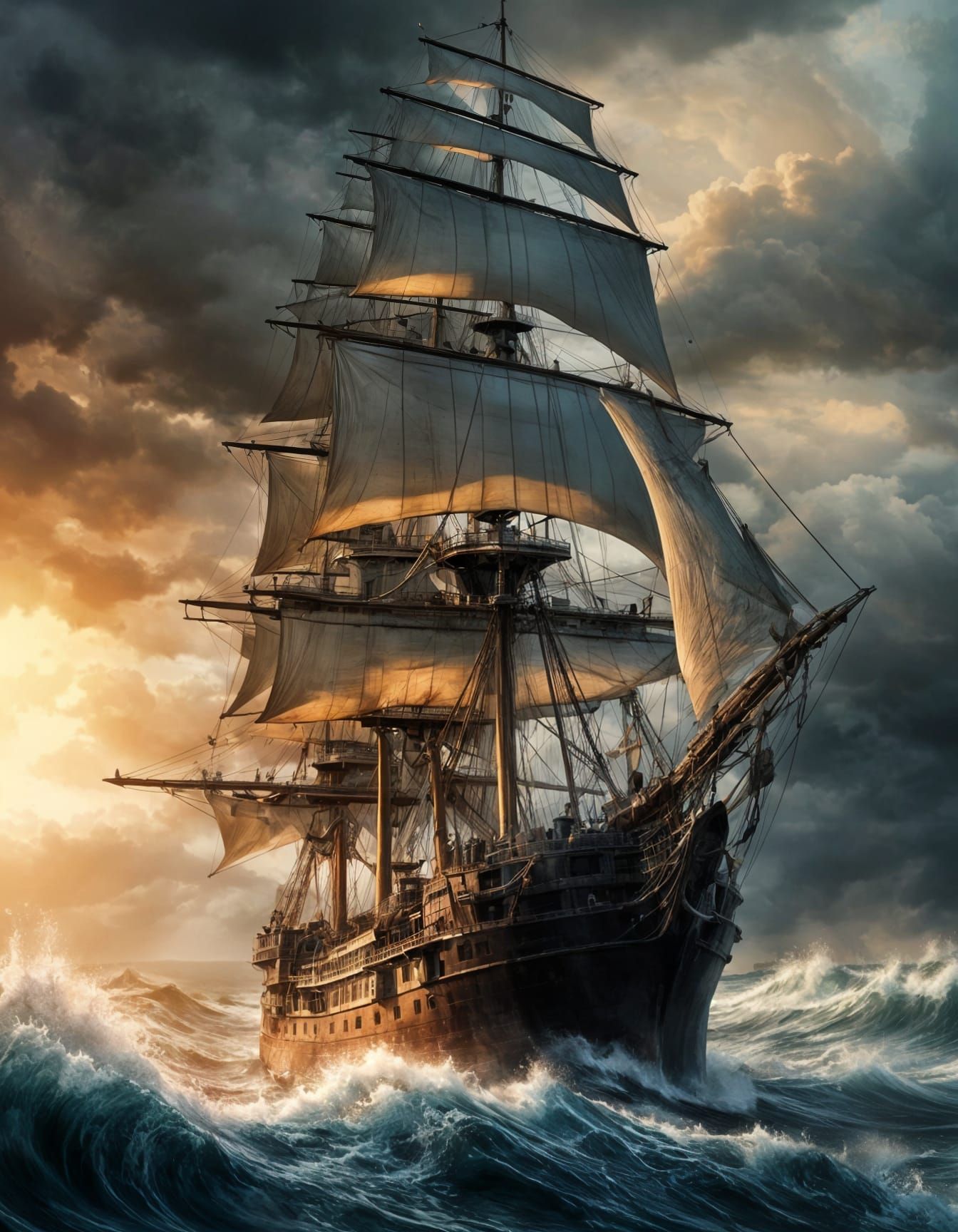 Impasto Ship on Waves at Sunset