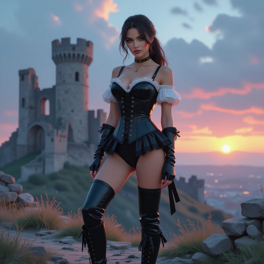 Hyperrealistic Woman in Corset at Ruined Castle