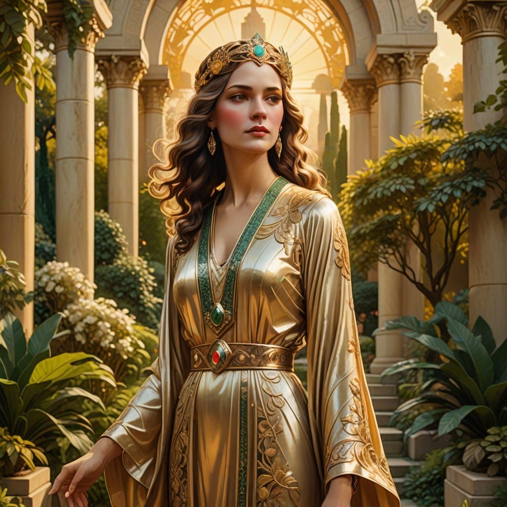 Art Deco Goddess in Opulent Temple Garden