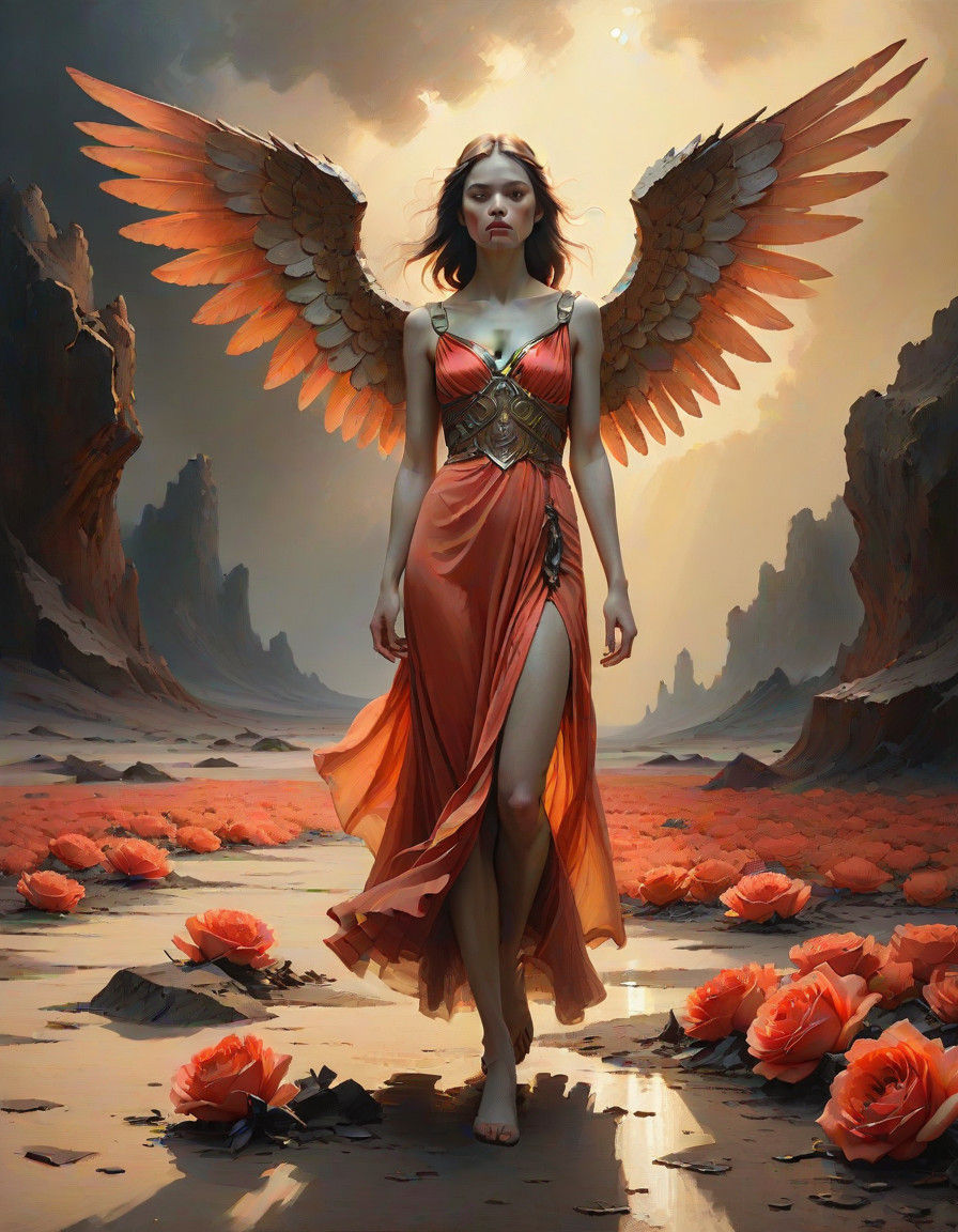 Desolate Landscape with Winged Woman in Muted Fire Tones