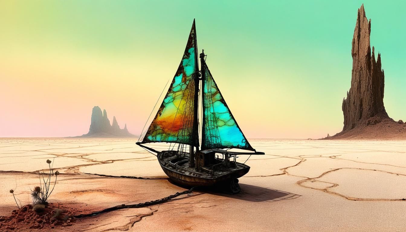 Steampunk Sailboat in an Alcohol Ink Desert
