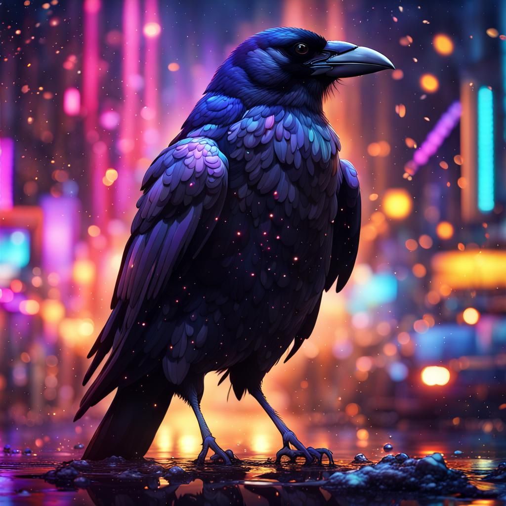 Epic Crow in Dark Lights and Colorful Reflections