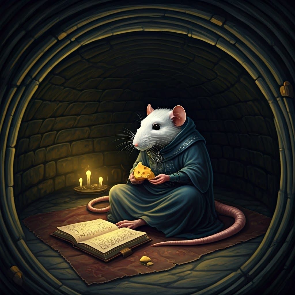 Rat Wizard Enchanting Cheese in Dimly Lit Catacombs
