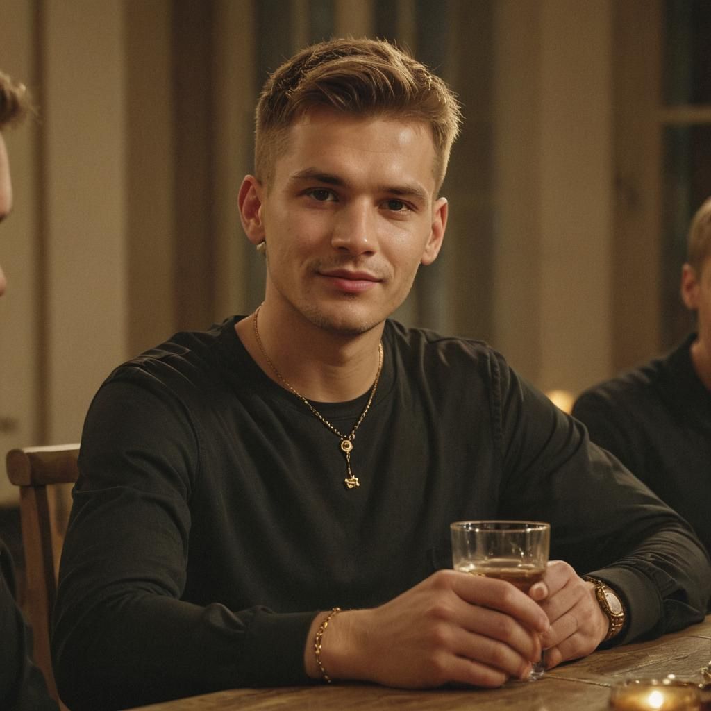 Stylish Slavic Man Enjoying Evening Drink: Cinematic Film St...
