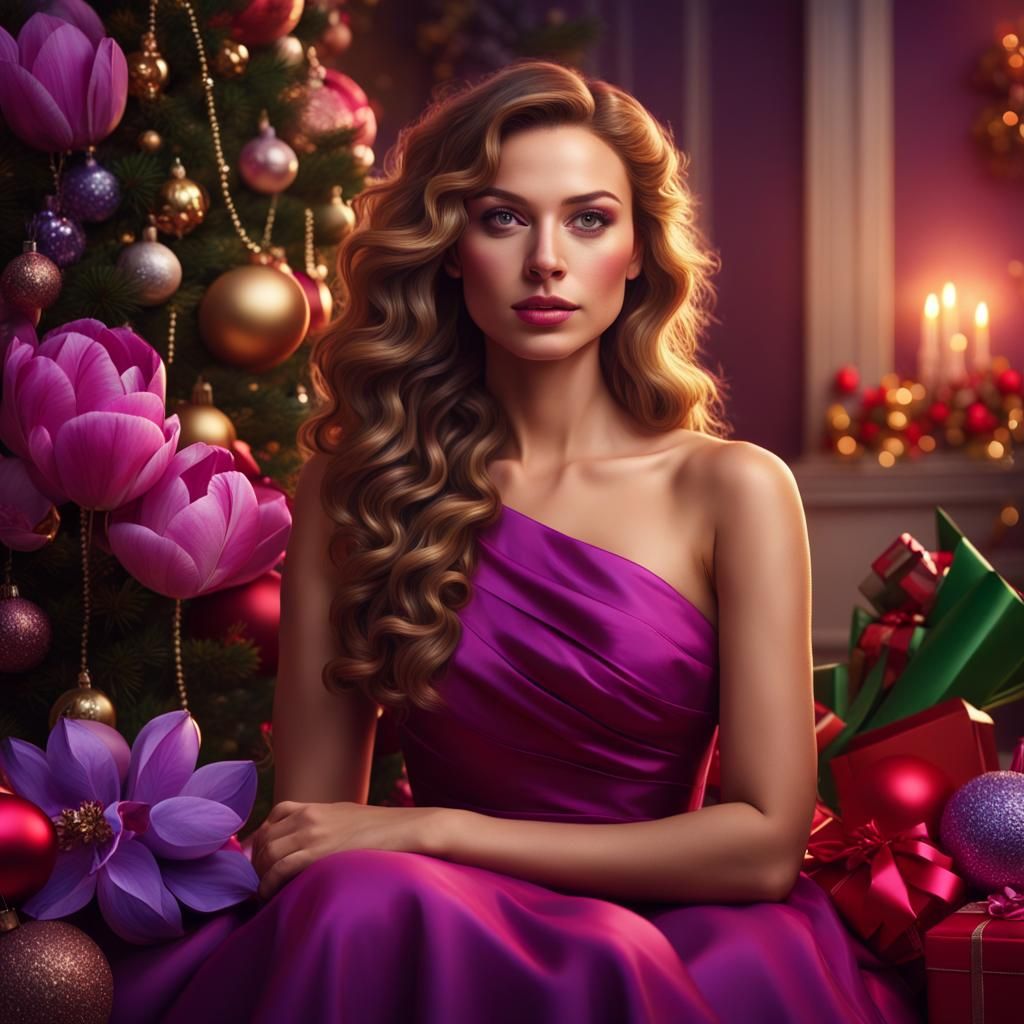 Young Woman with Tulips by Christmas Tree