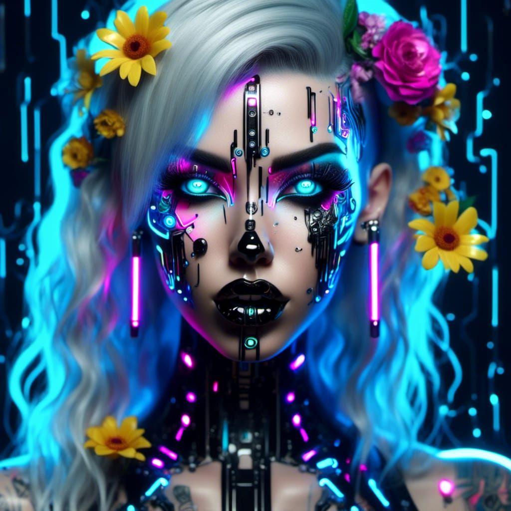 Cyberpunk Woman with Shattered Glass and Neon Flowers
