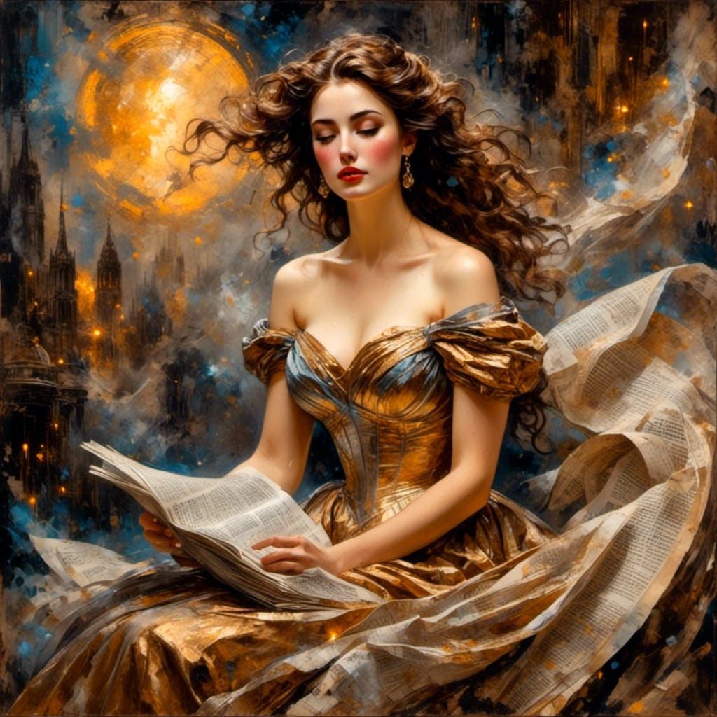 Starlight Gown in Smoky Newsroom: Romantic Oil Painting