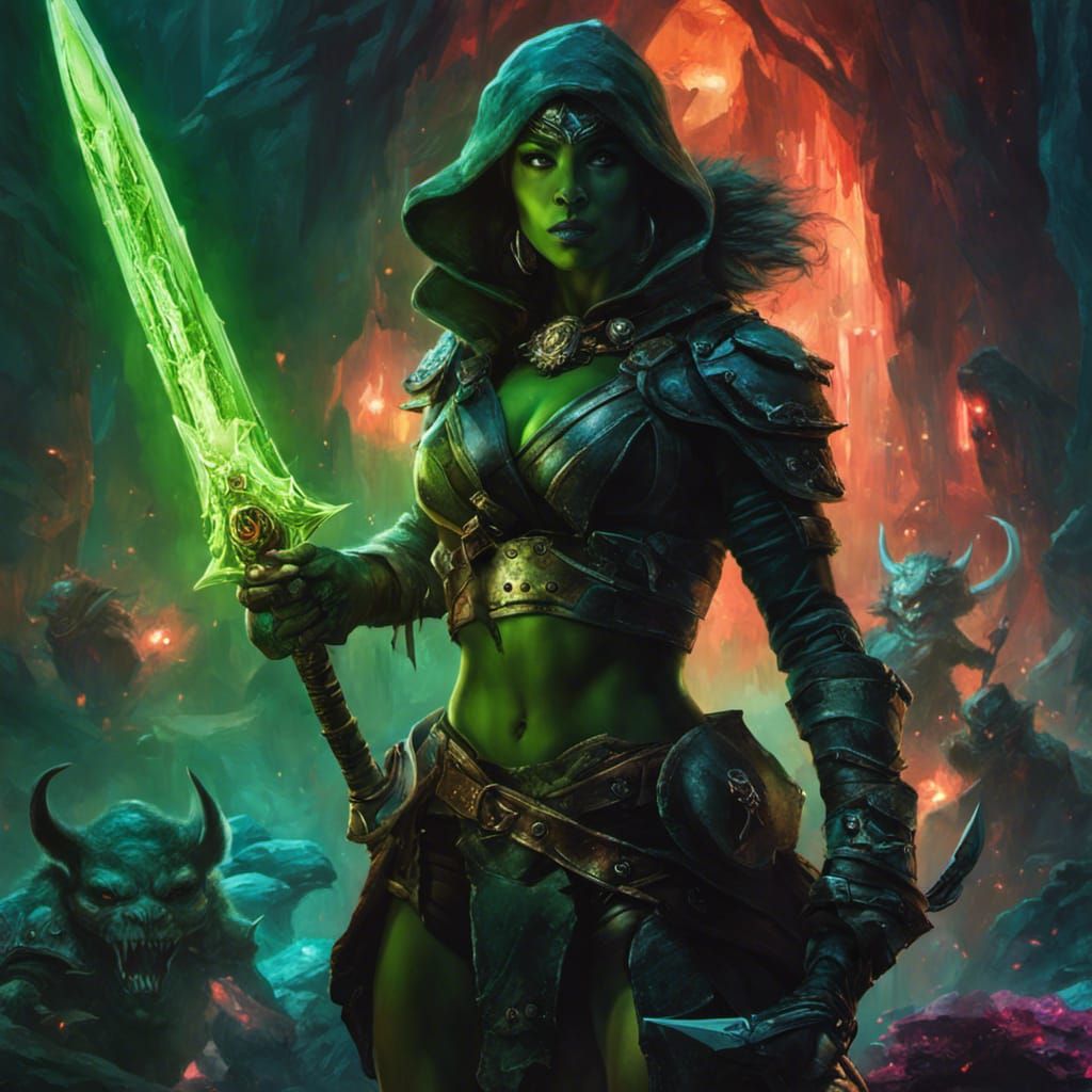 Female Orc Ranger in Bioluminescent Forest
