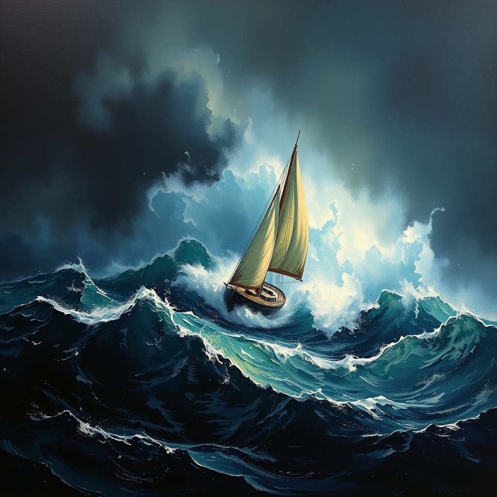 Sailboat Battles Stormy Seas in Dramatic Oil Painting