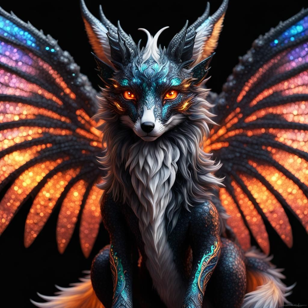 Winged Fox Dragon Hybrid with Fire