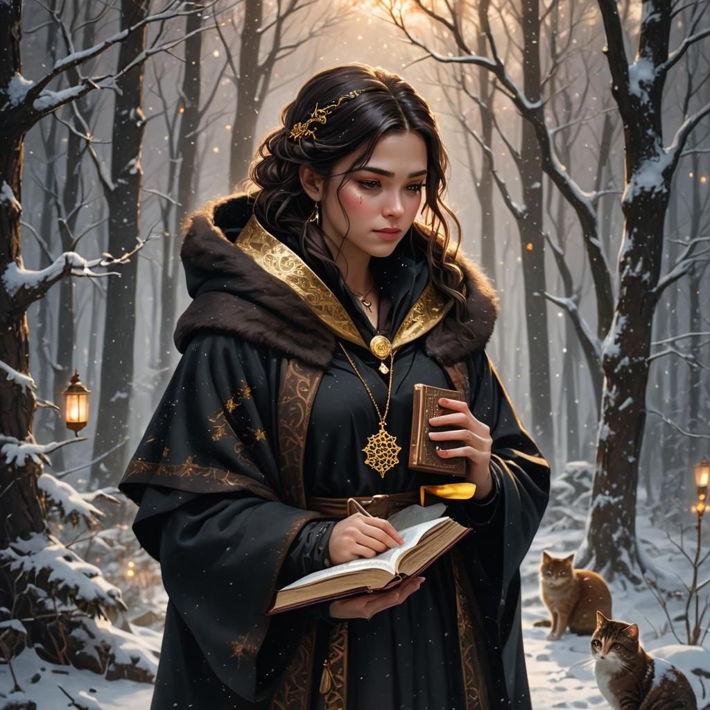 Girl with Cat in Snowy Forest: Fantasy Art