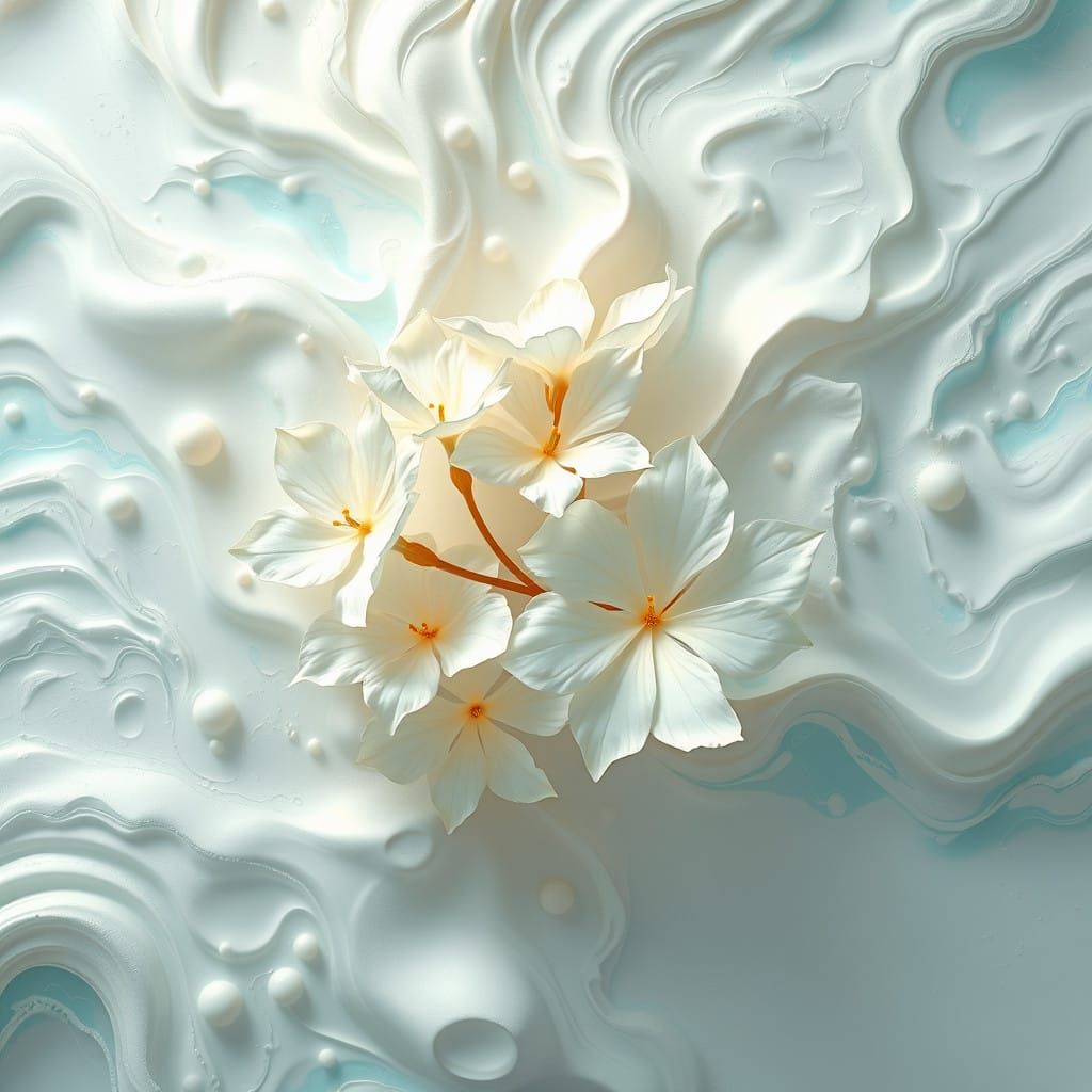 Dreamy 3D Abstract Art with Softly Glowing White Oleander Fl...
