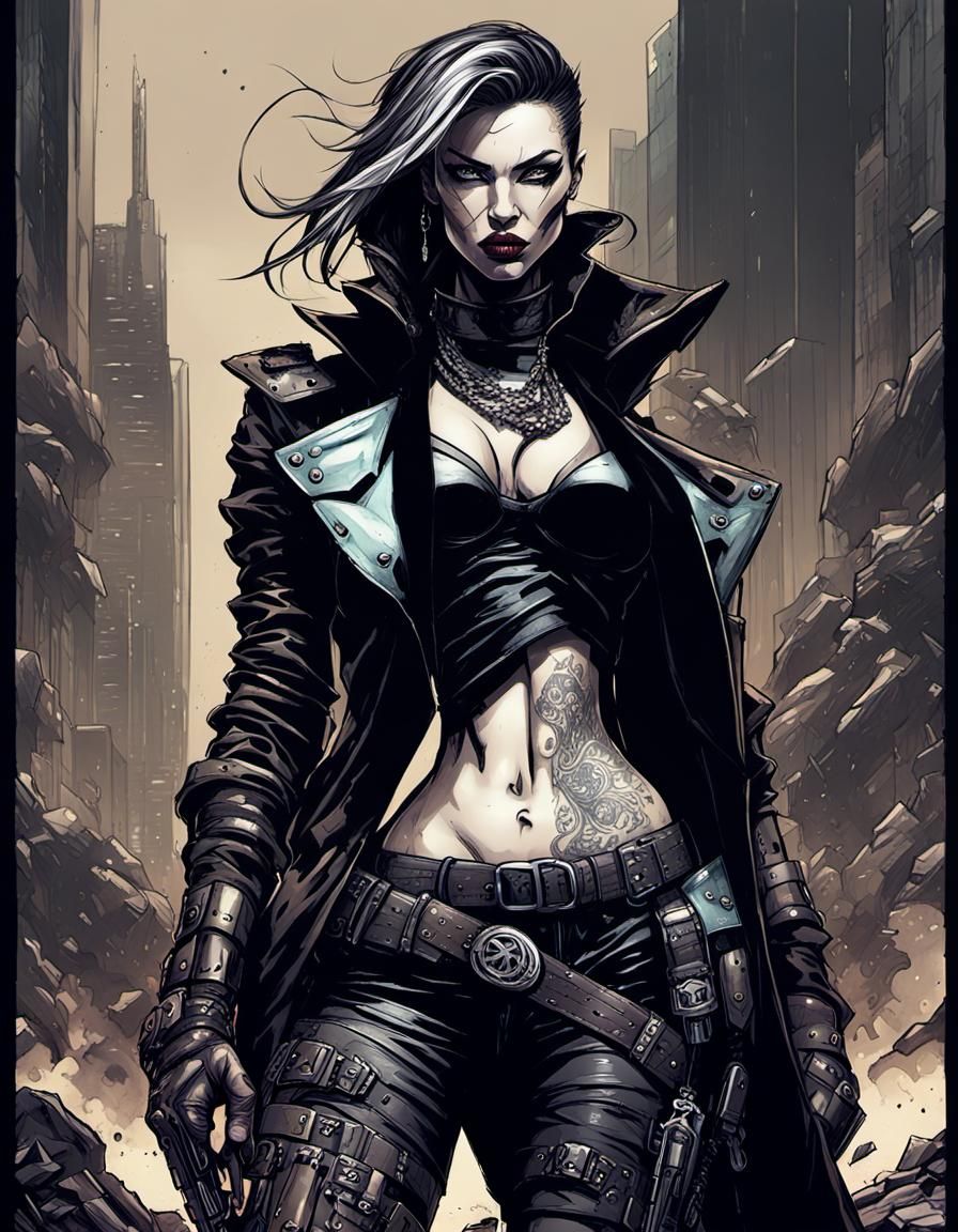 Female Mafia Assassin: Cyberpunk Ink Drawing