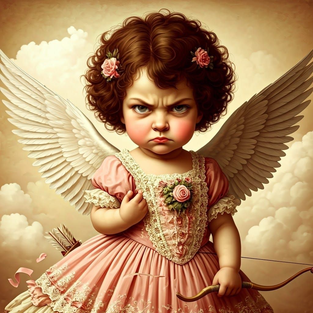 Whimsical Cherub Girl with Scowl and Angel Wings
