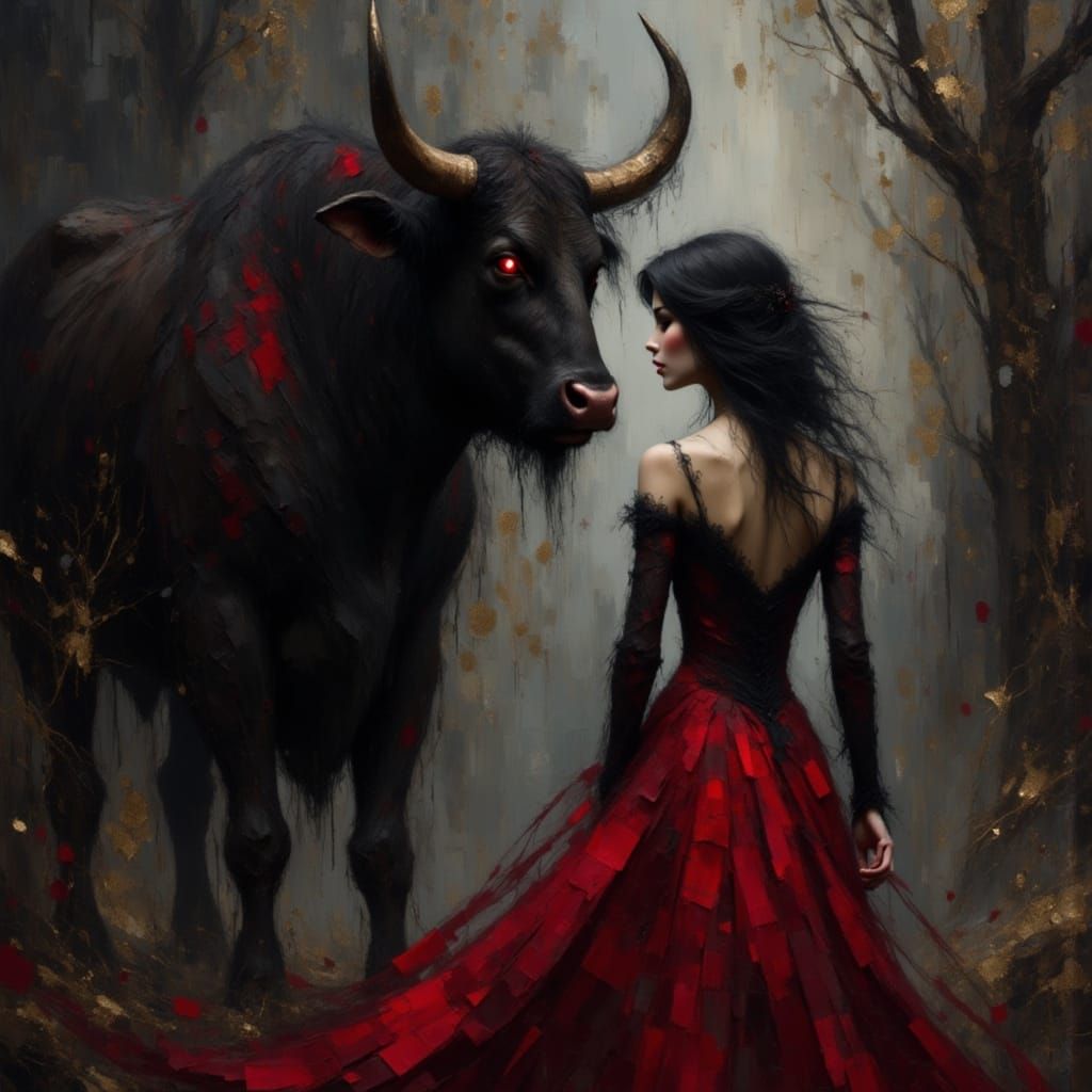 Gothic Woman and Bull in Cyberpunk Style