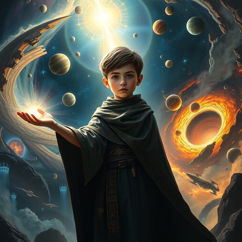 Young Boy Harnesses Reality's Power Amidst Celestial Vortex