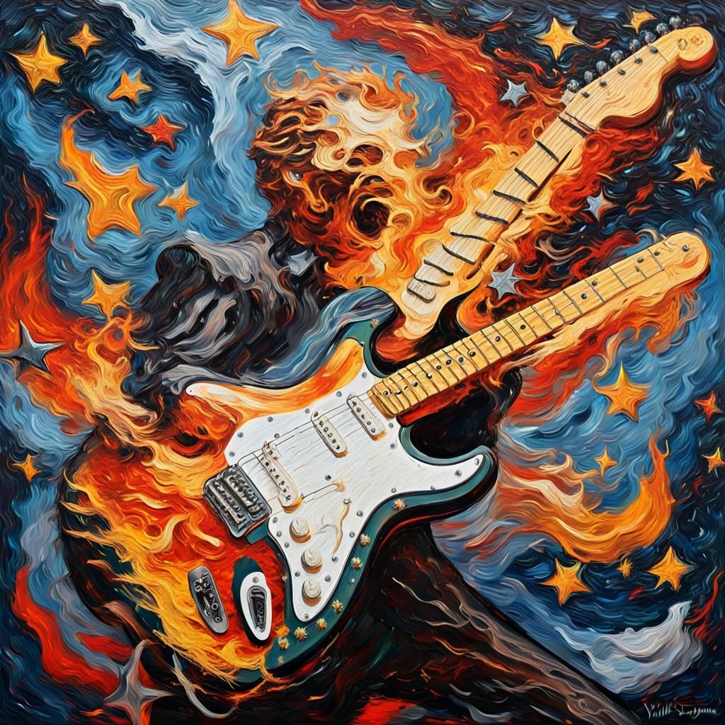 Electric Guitar on Fire in Space: Impasto Oil Painting
