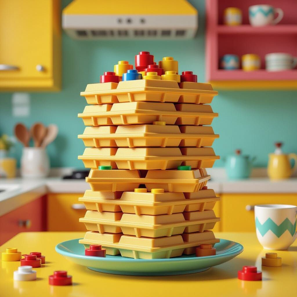 Vibrant Lego Waffles in Playful Pop Surrealist Style