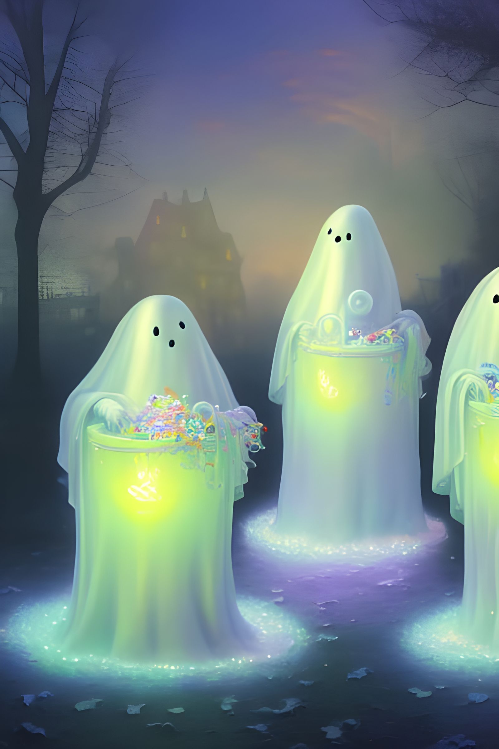 Halloween Ghosts with Candy, Art Nouveau Style