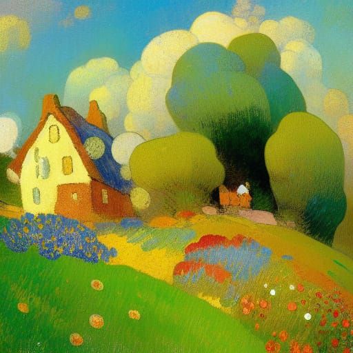 Whimsical Cottage in Meadow as Gouache Painting