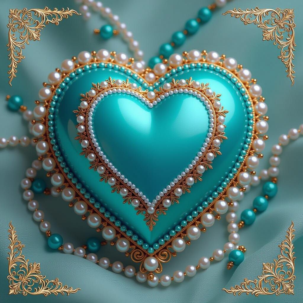Turquoise Heart Centerpiece with Pearls and Gold Filigree
