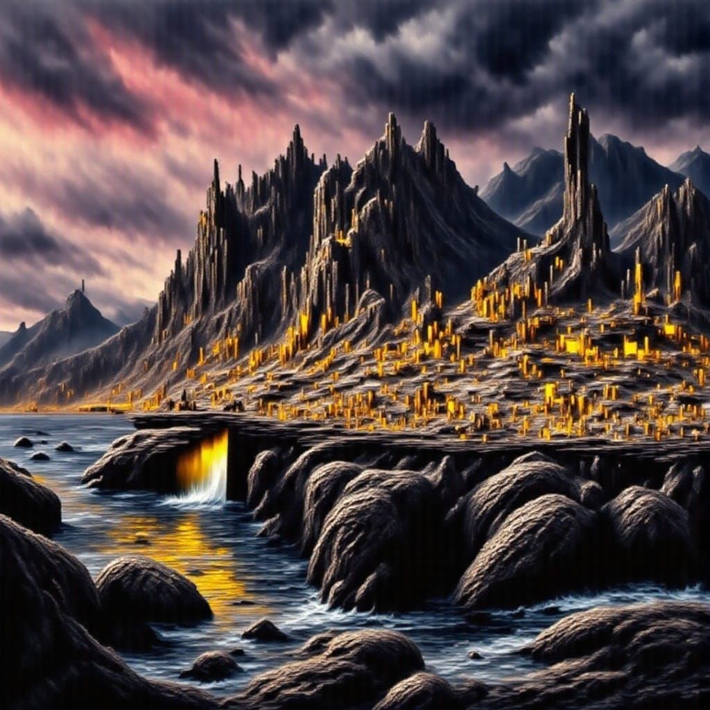 Dramatic Bay at Twilight in White, Black, and Red