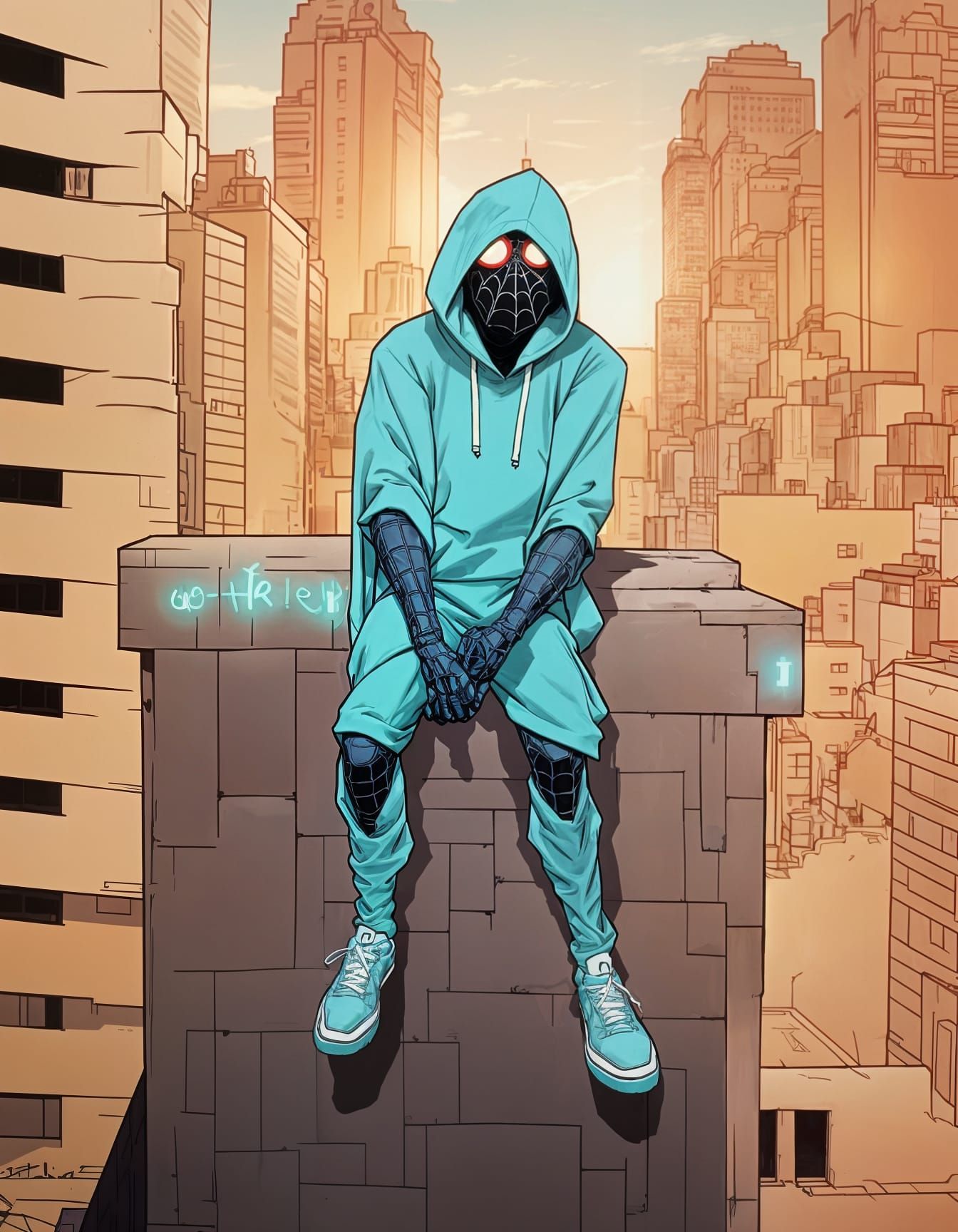 Spider-Person Overlooking Neon City in Spider-Verse Style