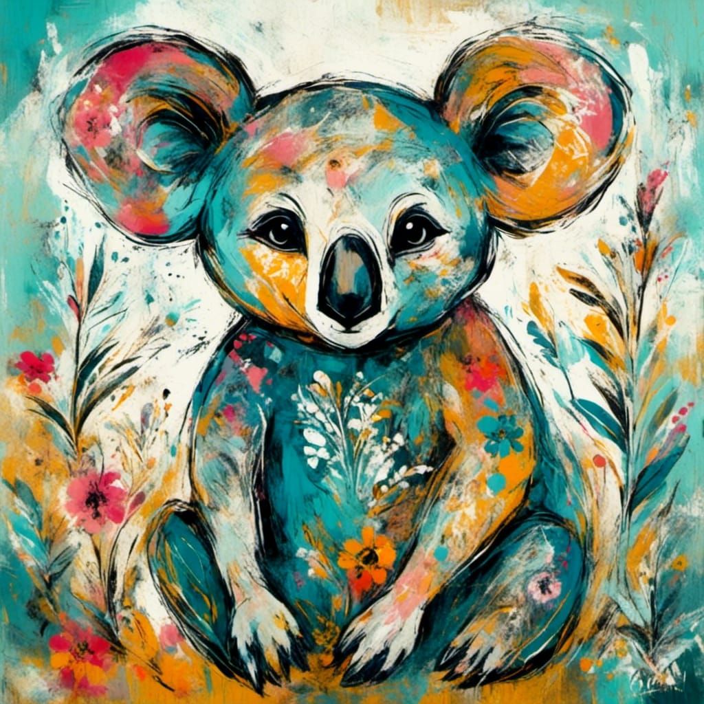 Whimsical Folk-Art Koala in Neo-Expressionist Style