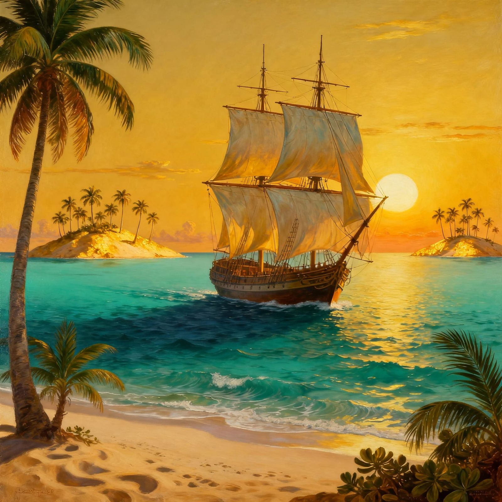 Surreal Sailing Ship in Caribbean Waters at Sunset