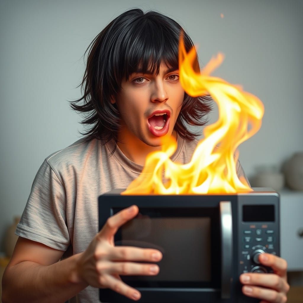 Young Man Panics as Microwave Engulfs in Flames