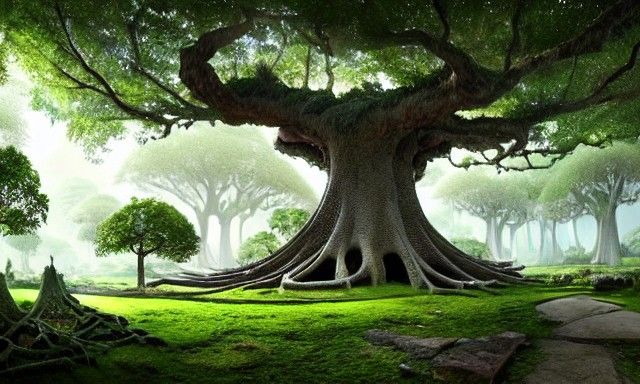 Fairytale Treehouse Village in Maximalist Matte Painting