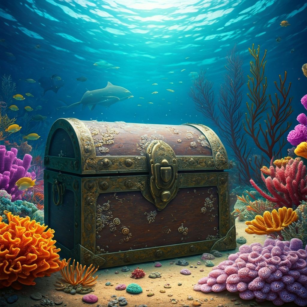 Barnacle-Covered Chest on Ocean Floor with Sea Life