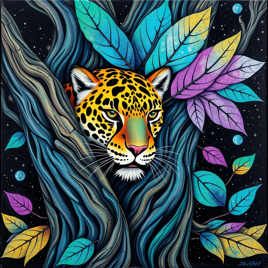 Surreal Jaguar in Vibrant Iridescent Hues as Mosaic Painting