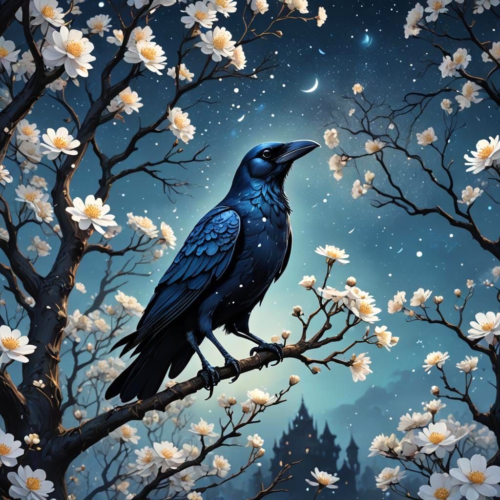 Blue Crow with Flowers in Wonderland Splatter Art