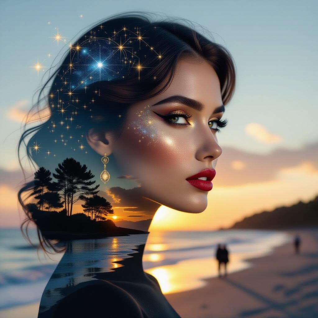 Surreal Double Exposure Portrait Blended with Sunset