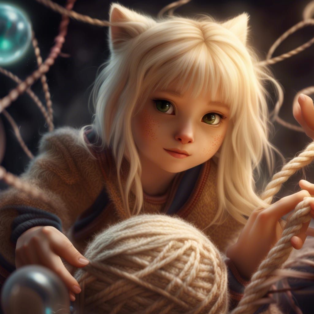 Blond Neko Girl's Yarn Game: Digital Painting
