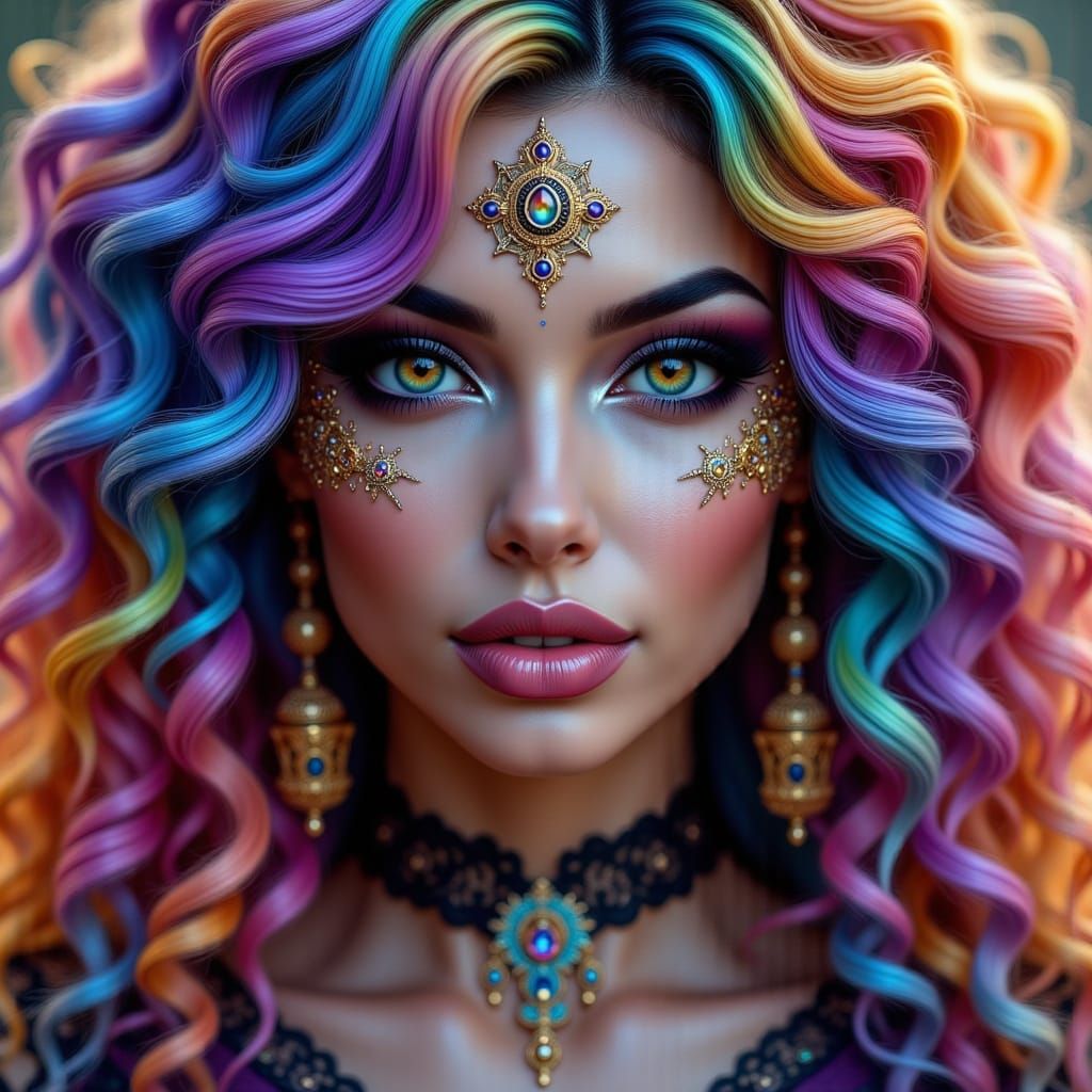 Glamorous Mystical Figure with Swirling Rainbow Magic