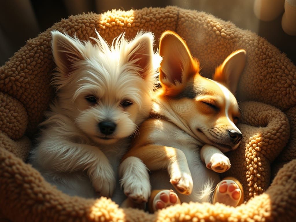 Cinematic Dogs Snuggle Up in Warm Sunlight