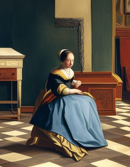 Seated Lady in Style of Vermeer Oil Painting