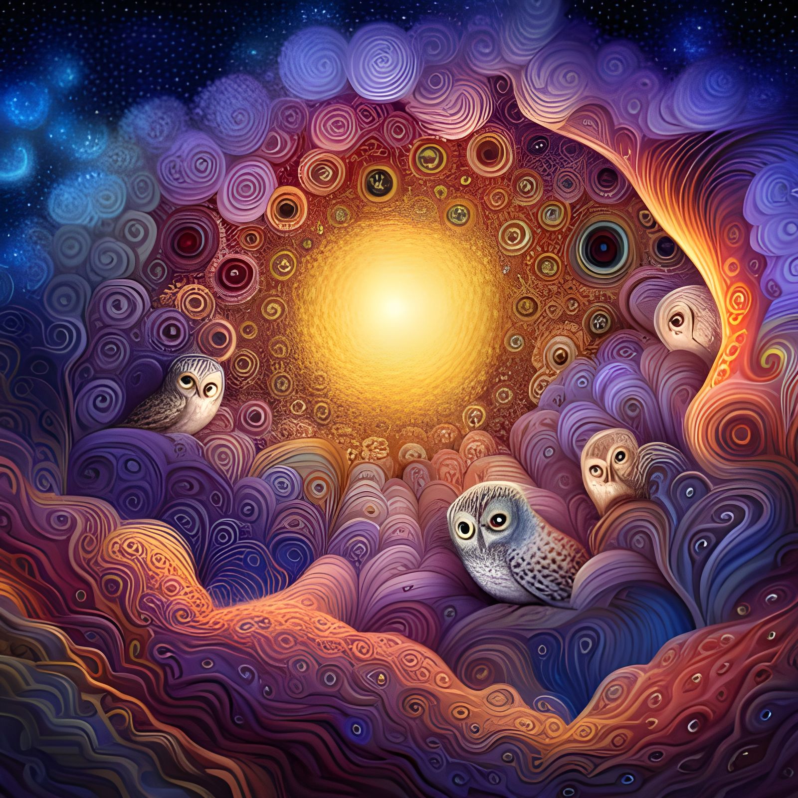 Phoenix and Owl Babies in Blossom Garden