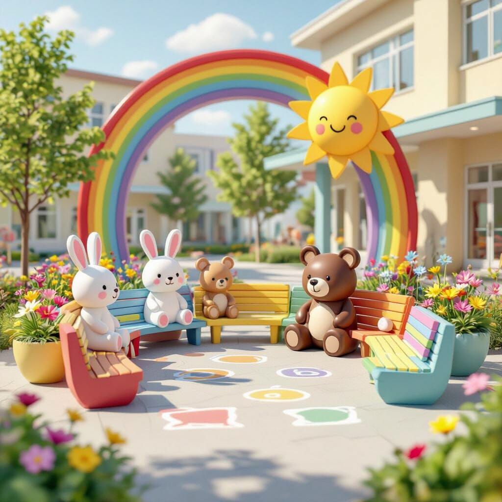 Cartoon Animal Kindergarten Space in Cheerful Pastel Colors