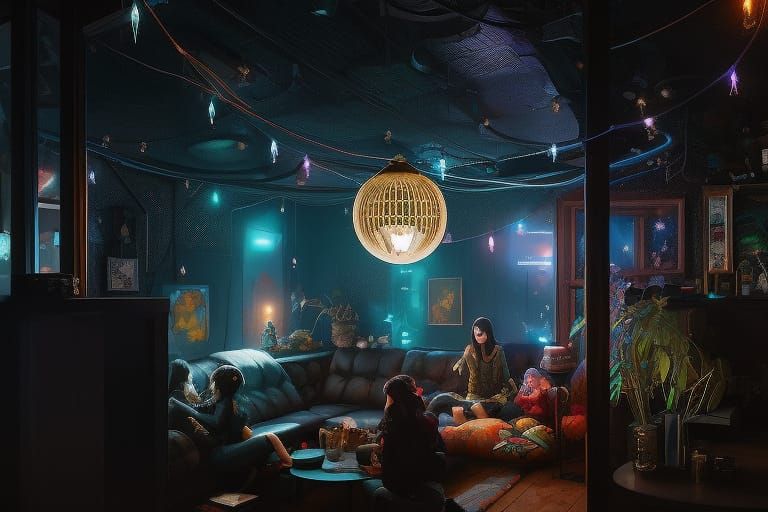 Vibrant Party Clubhouse Living Room in Hyper-Realistic Detai...