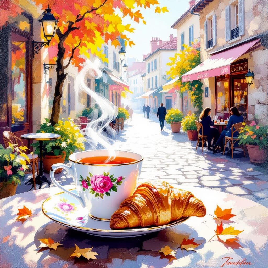 Steaming Tea and Croissant in Luminous Metamodern Style