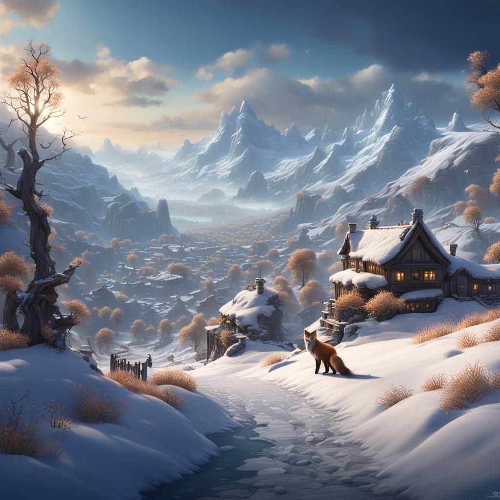Fox in Winter Landscape, Digital Matte Painting