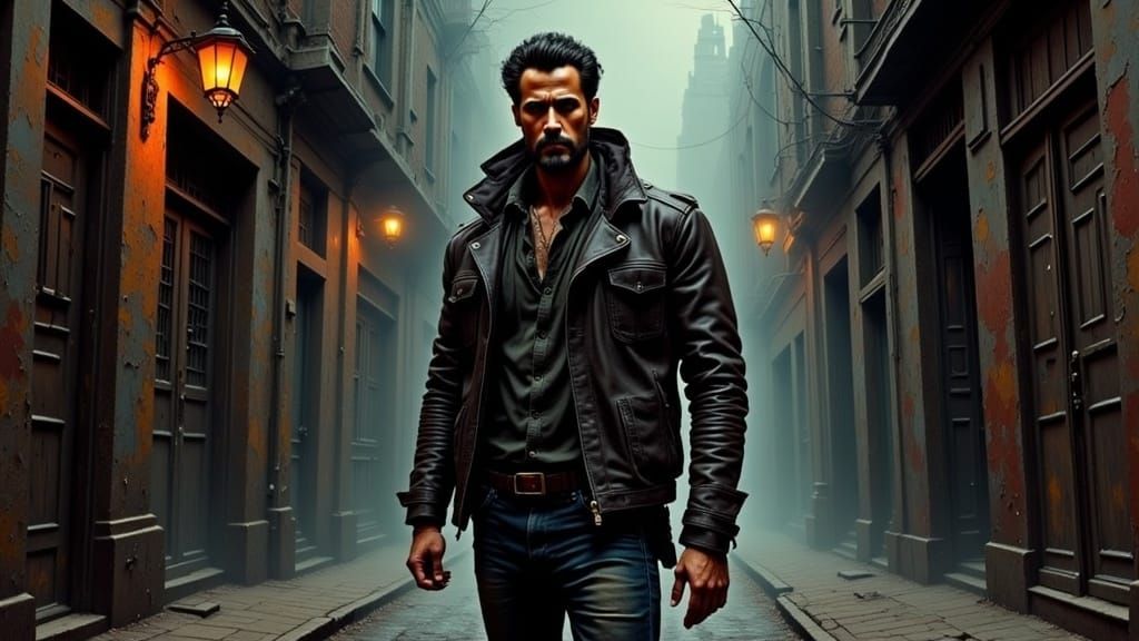 Brooding Man in Urban Alleyway: Cinematic Illustration