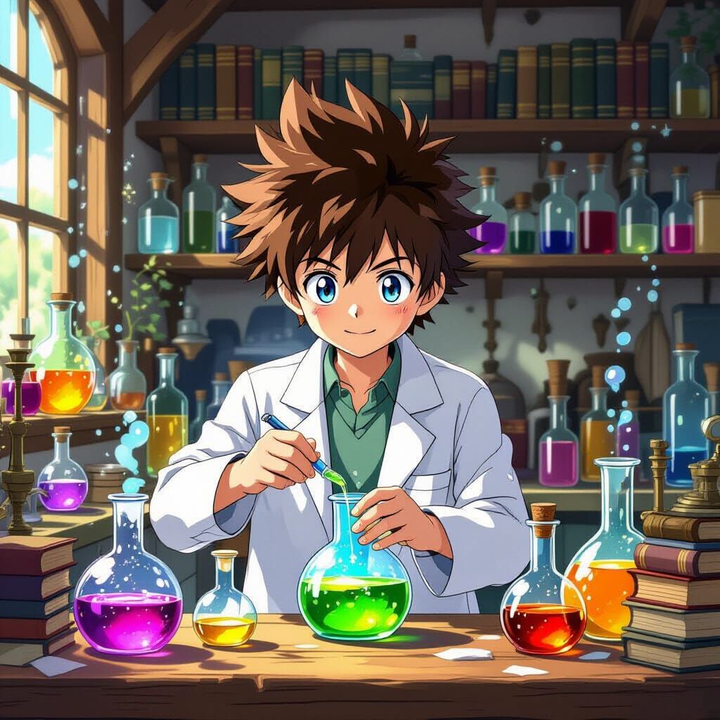 Anime Alchemist Mixing Glowing Potions in Workshop