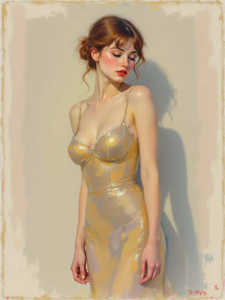 2030s Pin-Up Woman in Metallic Gold Sundress