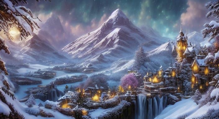 Stardust Lion Roaring on Snowy Peak in Oil Painting Style