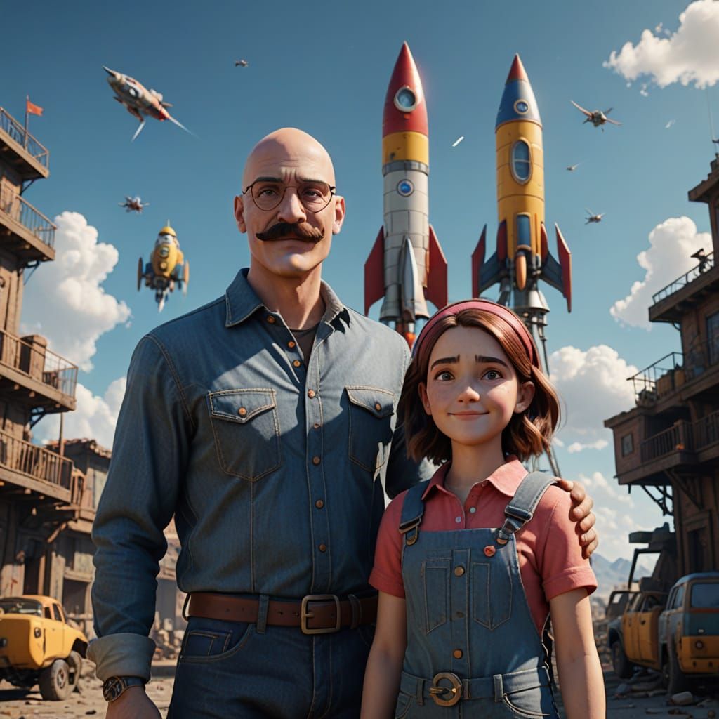 Pixar-Style Father and Daughter with Toy Rocket